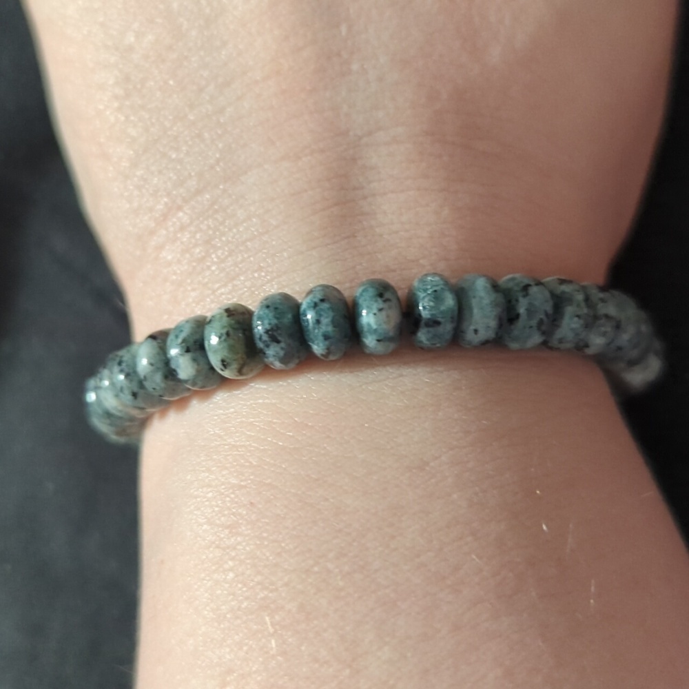 Gray Green Spot Jasper Gemstone Beaded Stretchy Elastic Statement Bracelet